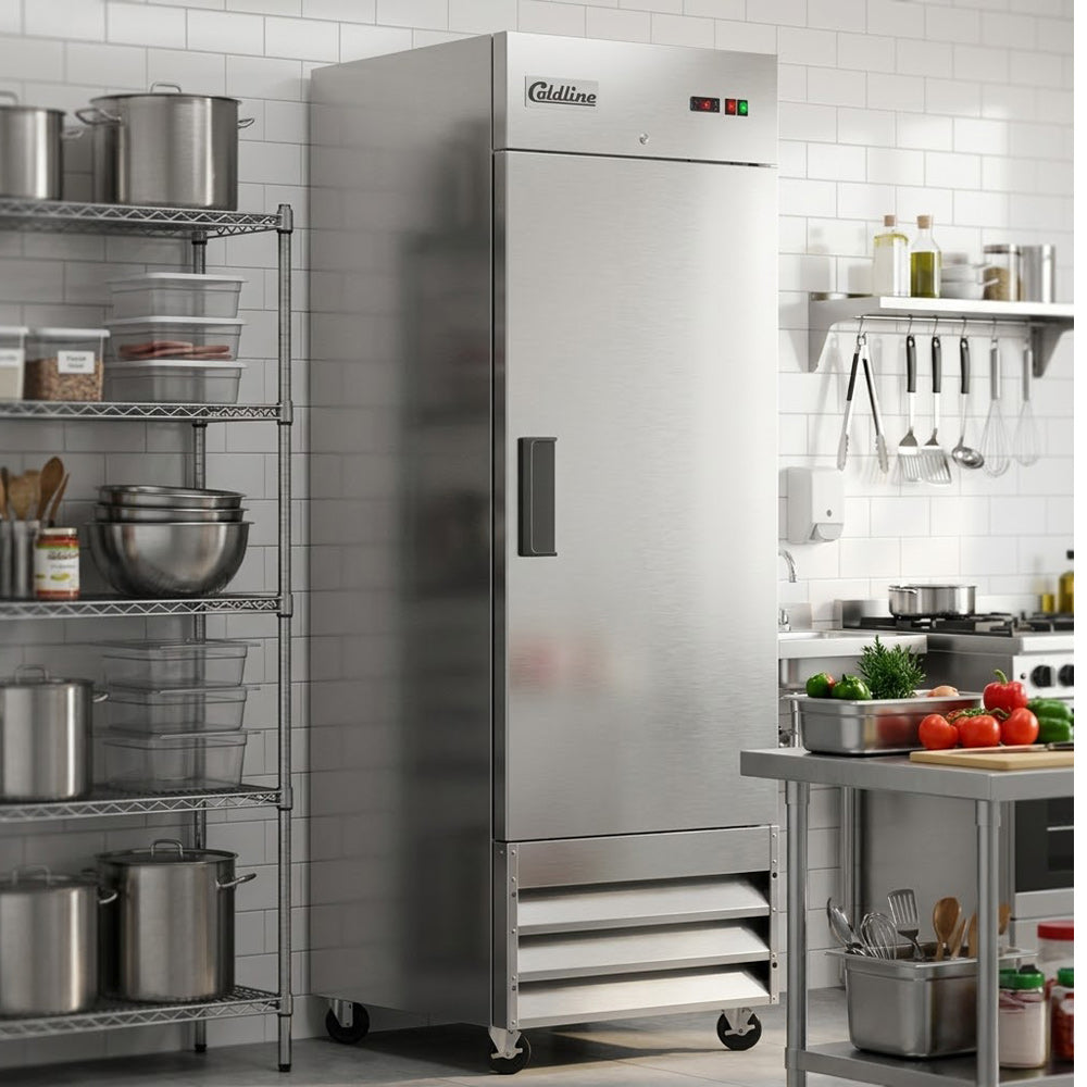Coldline C19F solid door reach-in freezer, in a commercial kitchen (representative image)