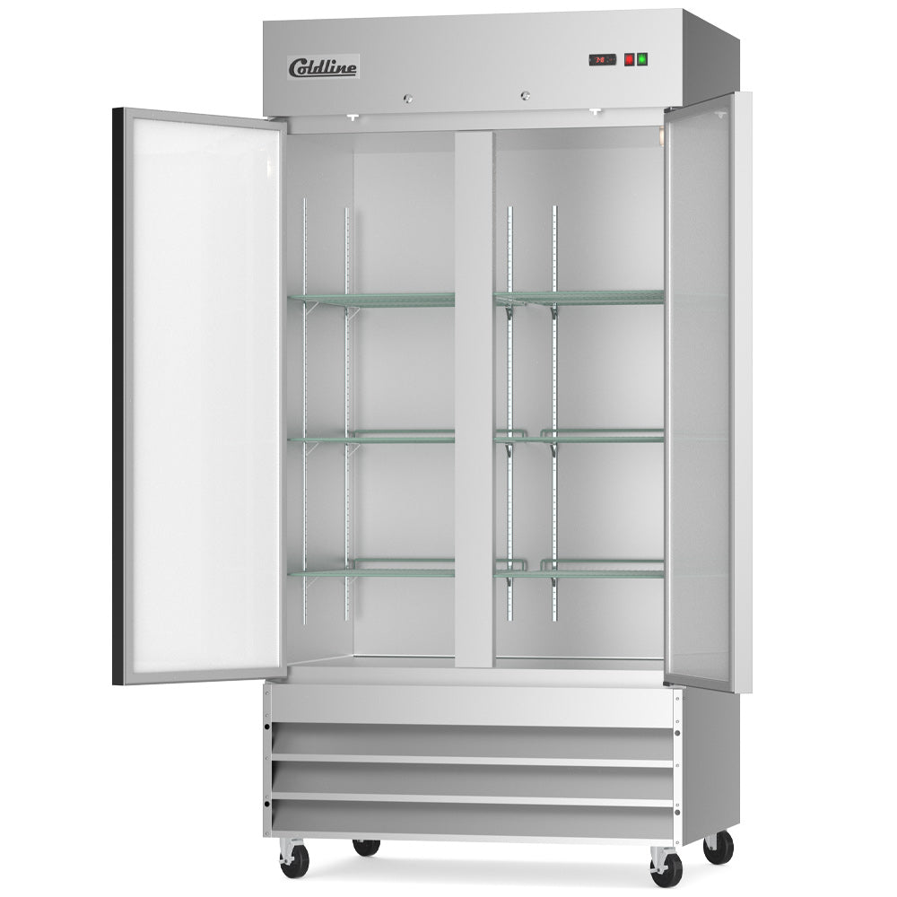 Coldline C35R solid door reach-in refrigerator, angled view, doors open