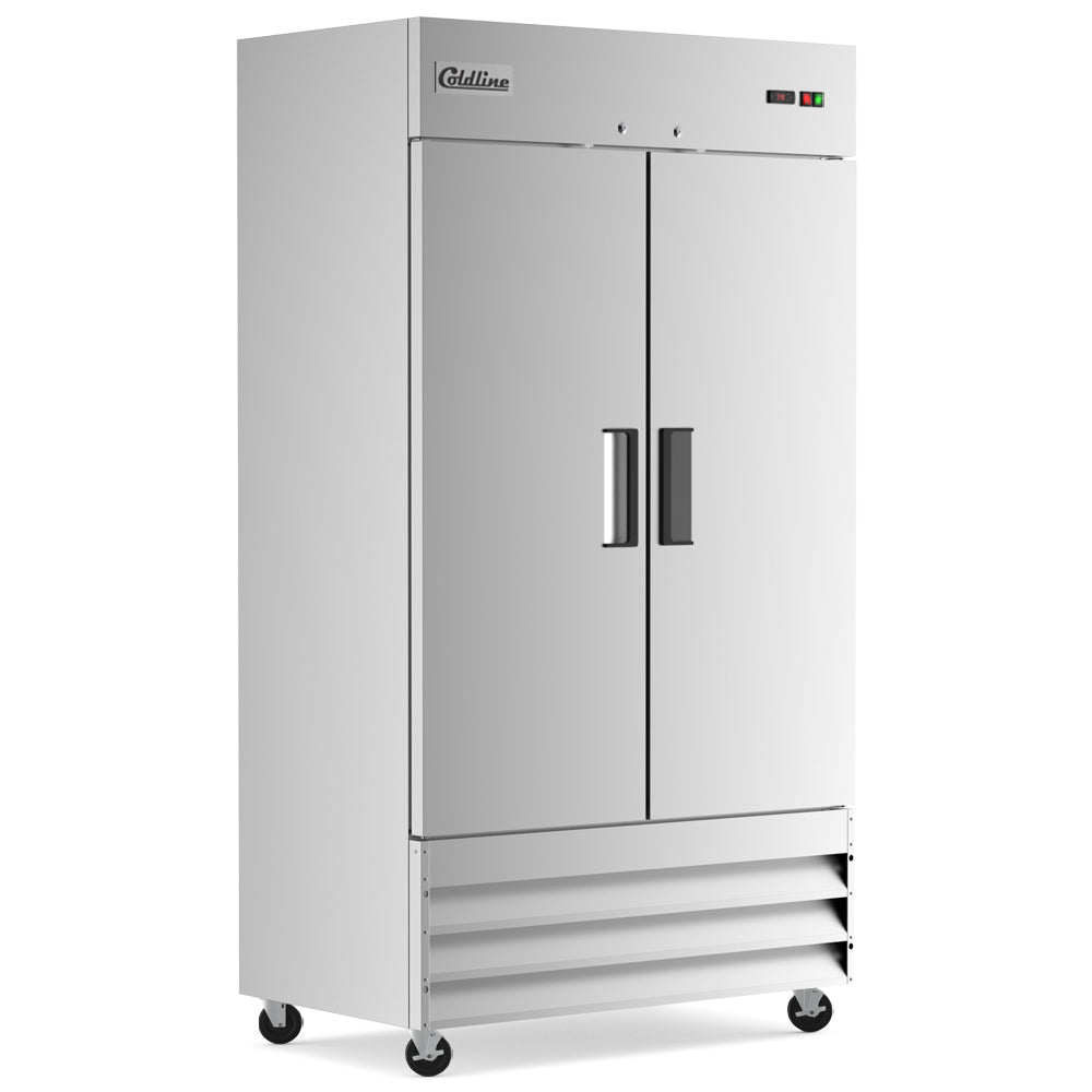 Coldline C35R solid door reach-in refrigerator, angled front view