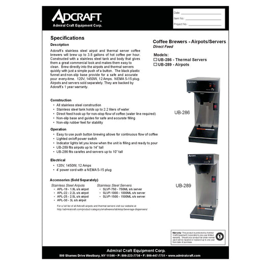 UB-289 Spec Sheet