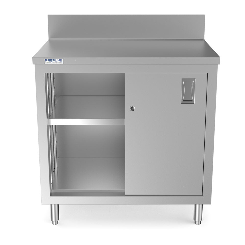 Prepline PCB-2436 stainless steel enclosed base work table, front view, one sliding door open showing the adjustable shelf