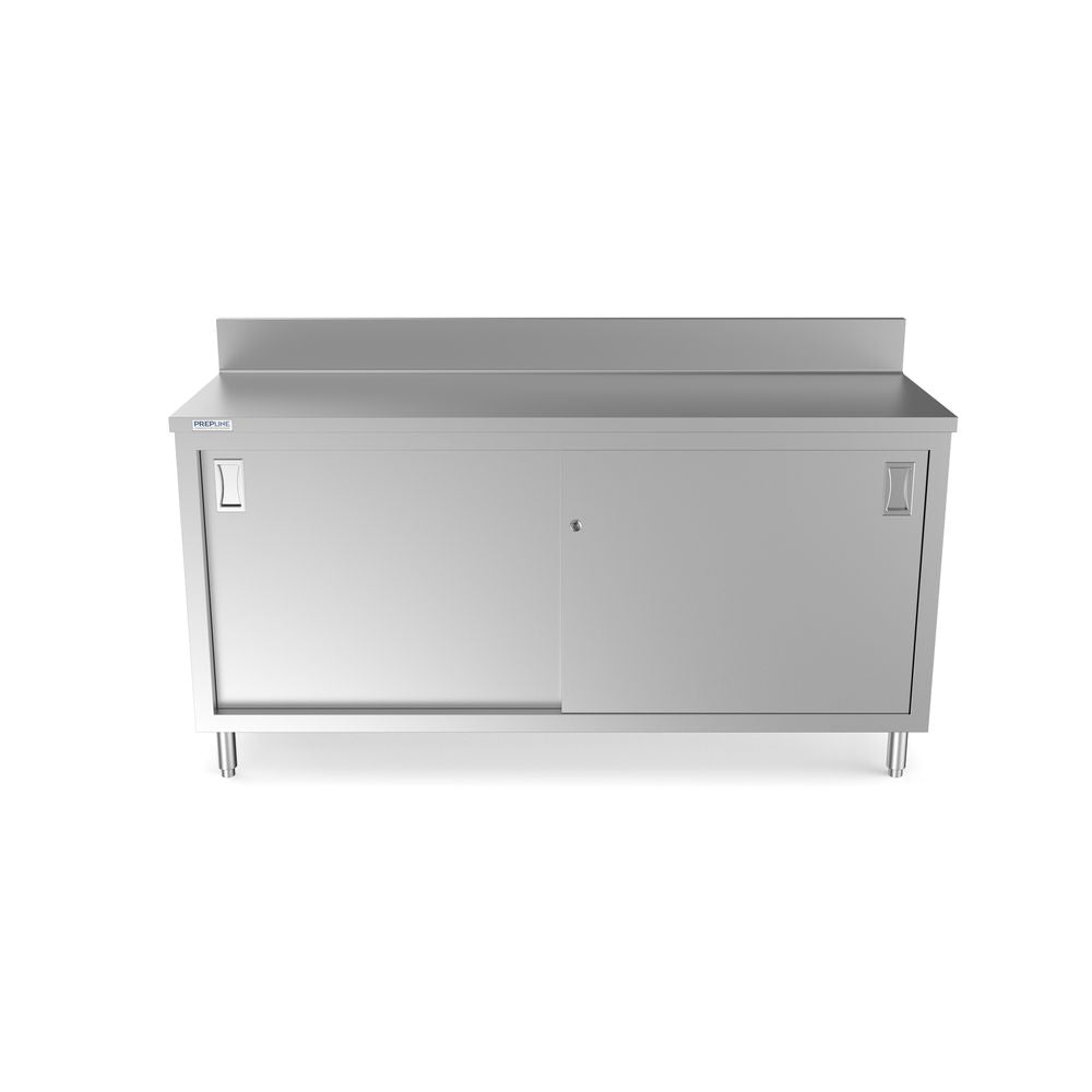 Prepline PCB-2472 stainless steel enclosed base work table, front view, sliding doors closed