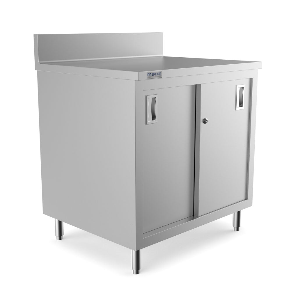 Prepline PCB-3036 stainless steel enclosed base work table, angled view