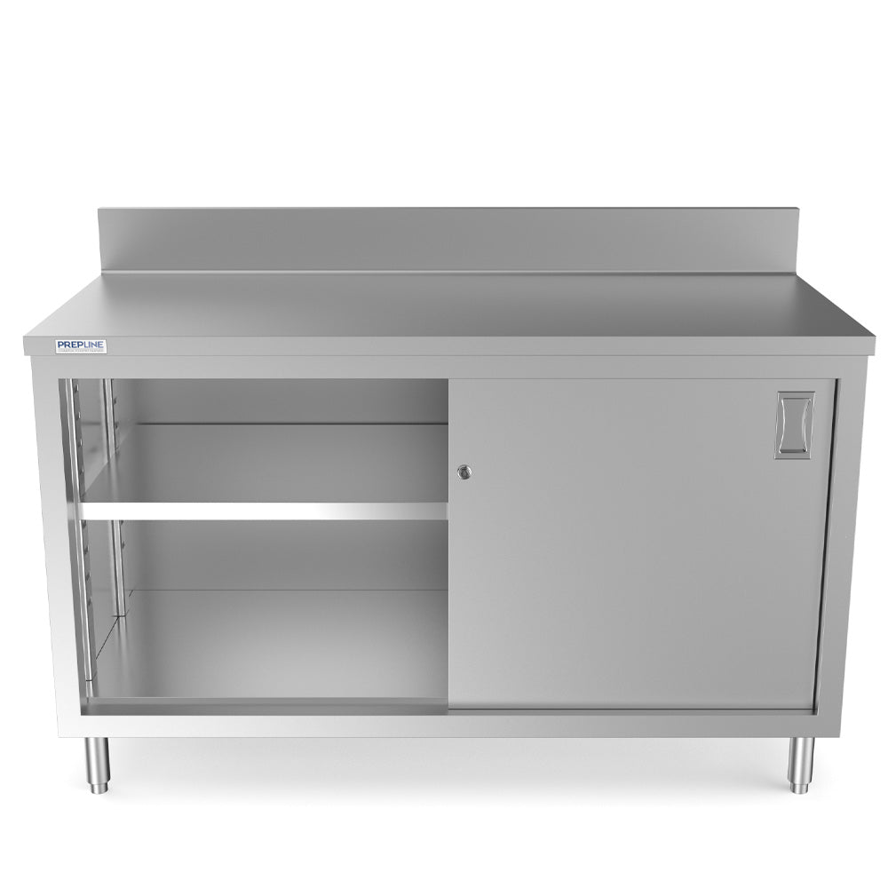 Prepline PCB-3060 stainless steel enclosed base work table, front view, one sliding door open showing the adjustable shelf