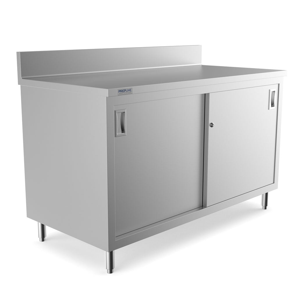 Prepline PCB-3060 stainless steel enclosed base work table, angled view