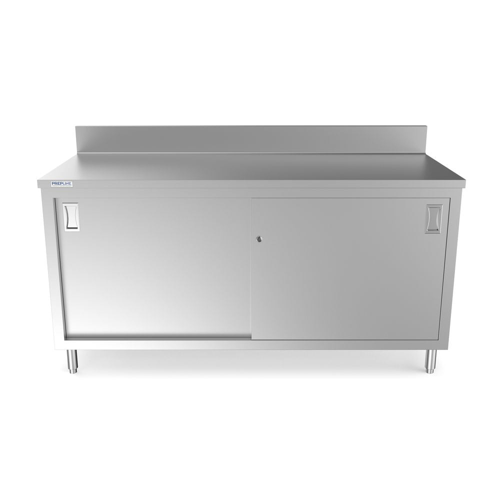 Prepline PCB-3072 stainless steel enclosed base work table, front view, sliding doors closed
