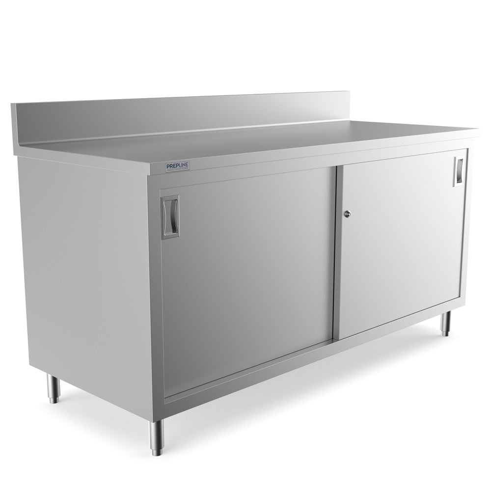 Prepline PCB-3072 stainless steel enclosed base work table, angled view