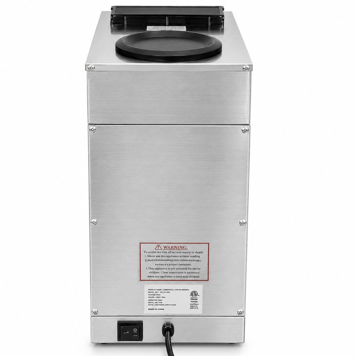 Prepline CAFE-2P-1 coffee maker, rear view with power cord and switch