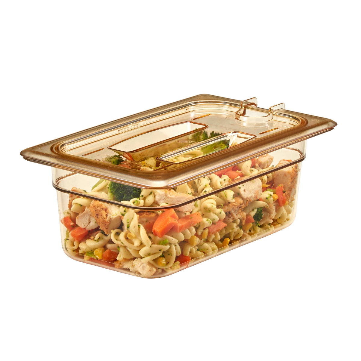 Cambro 40HPCHN150 H-Pan 1/4-Size Amber Lid, Handled Spoon-Notched, Non-Stick, -40°F-300°F, NSF — Case of 6 pieces