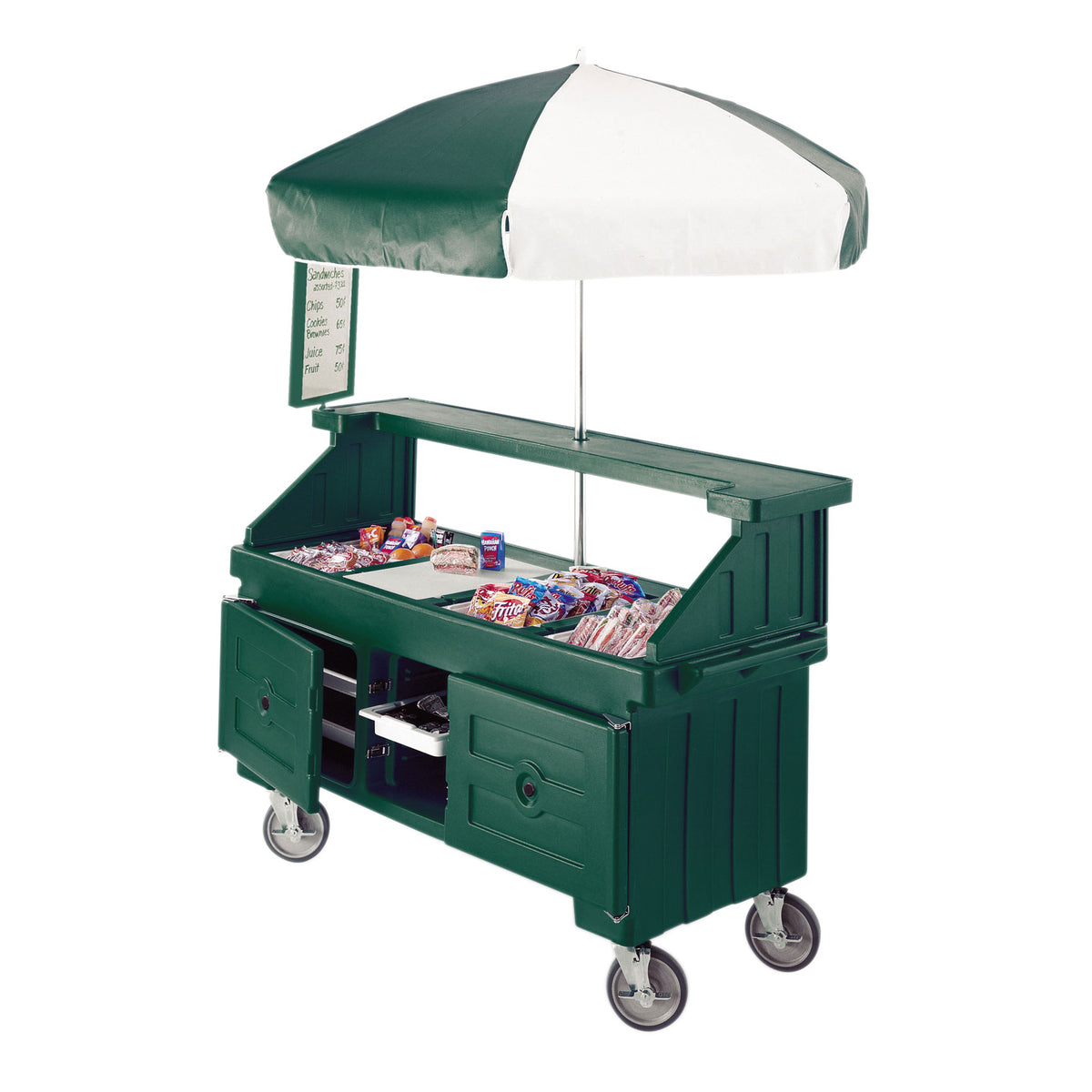 Cambro CVC724519 Camcruiser Green Vending Cart w/ Umbrella, 4 Counter Wells, 3 Compartments