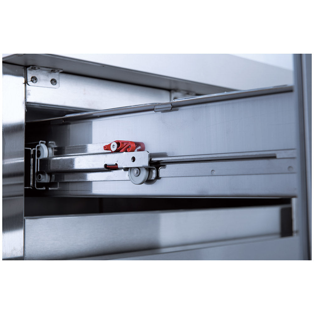 Coldline CB60 2-drawer refrigerated chef base, drawer slide and roller track, close-up