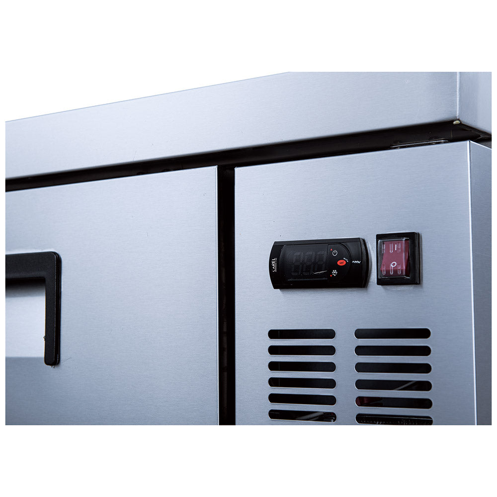 Coldline CB60 2-drawer refrigerated chef base, digital temperature controller and louvered grille, close-up