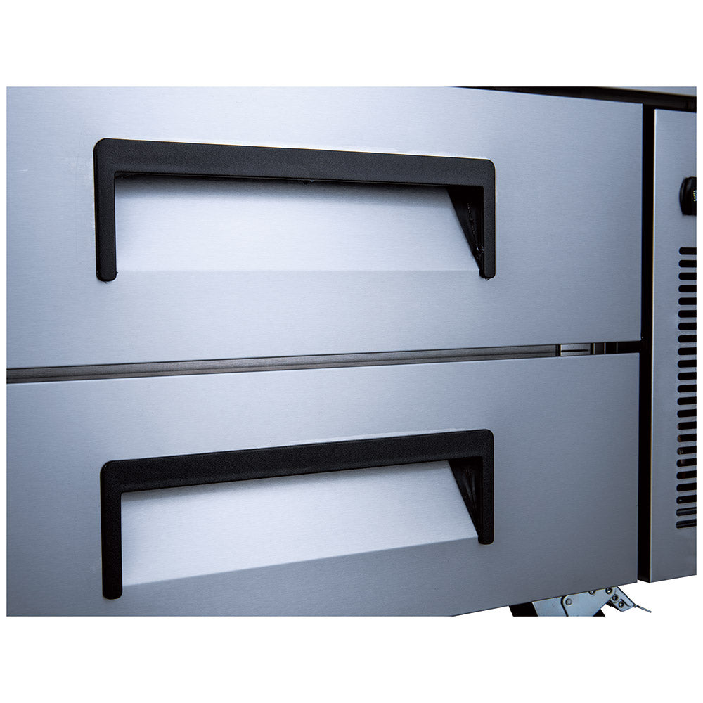Coldline CB60 2-drawer refrigerated chef base, drawer pull handles, close-up