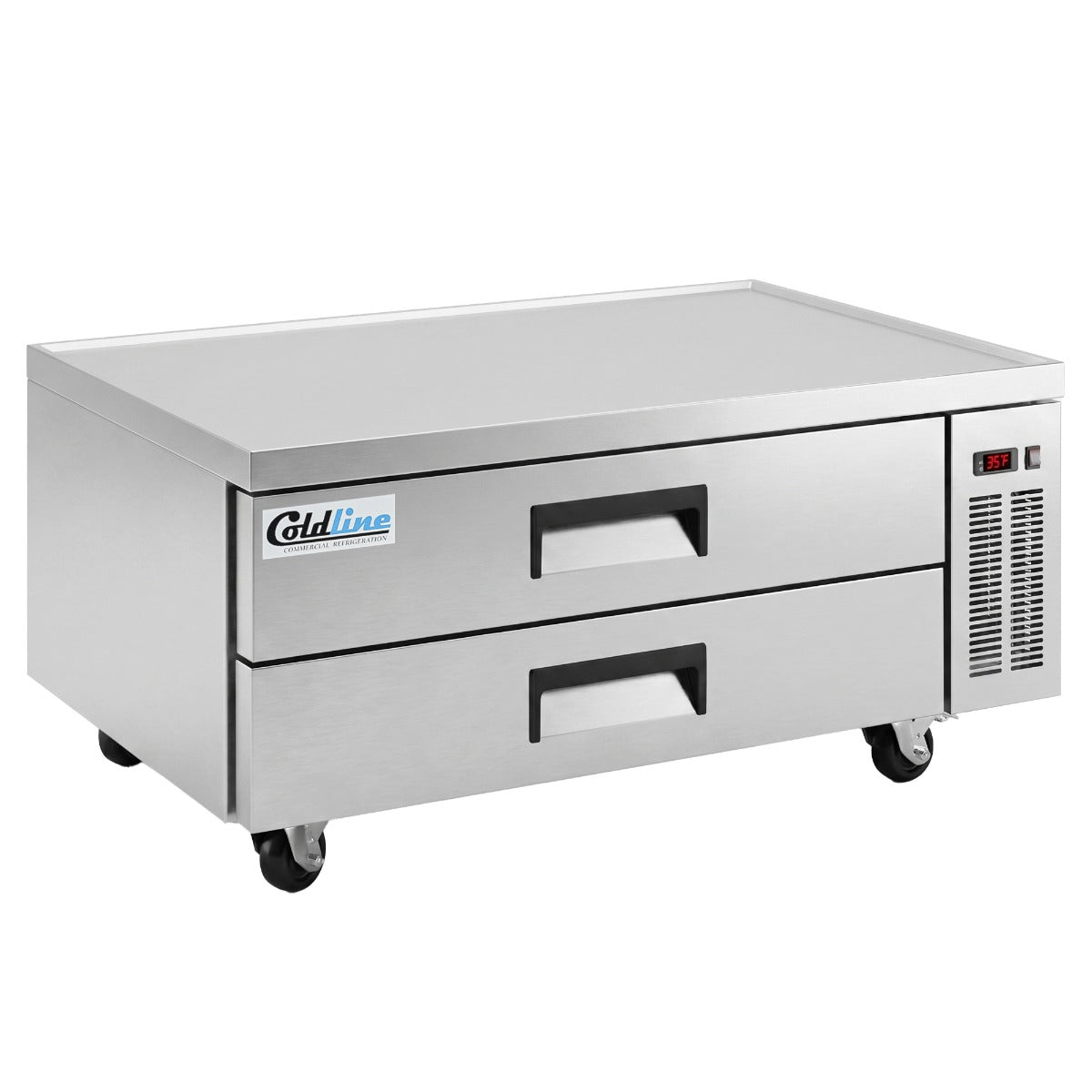 Coldline CB48 2-drawer refrigerated chef base, angled front view with Coldline logo