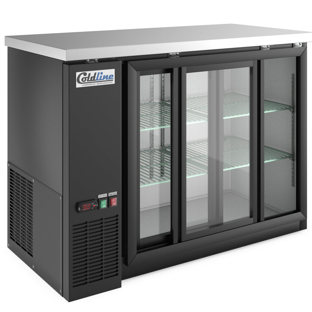 Coldline CBB-48G-SL black sliding glass door back bar cooler, angled front view, one door slid open