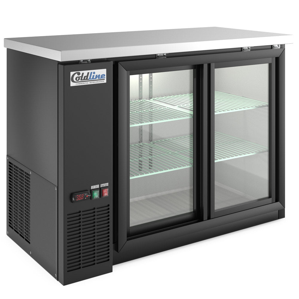 Coldline CBB-48G-SL black sliding glass door back bar cooler, angled front view