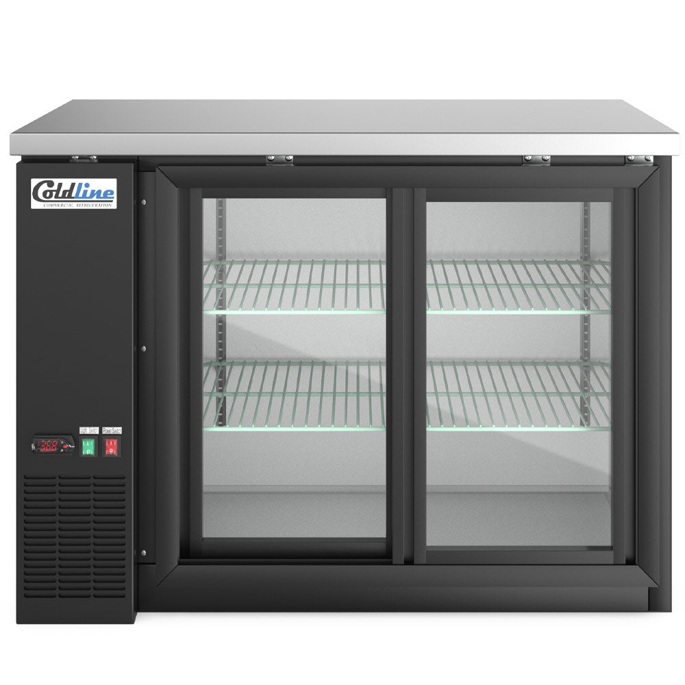 Coldline CBB-48G-SL black sliding glass door back bar cooler, front view