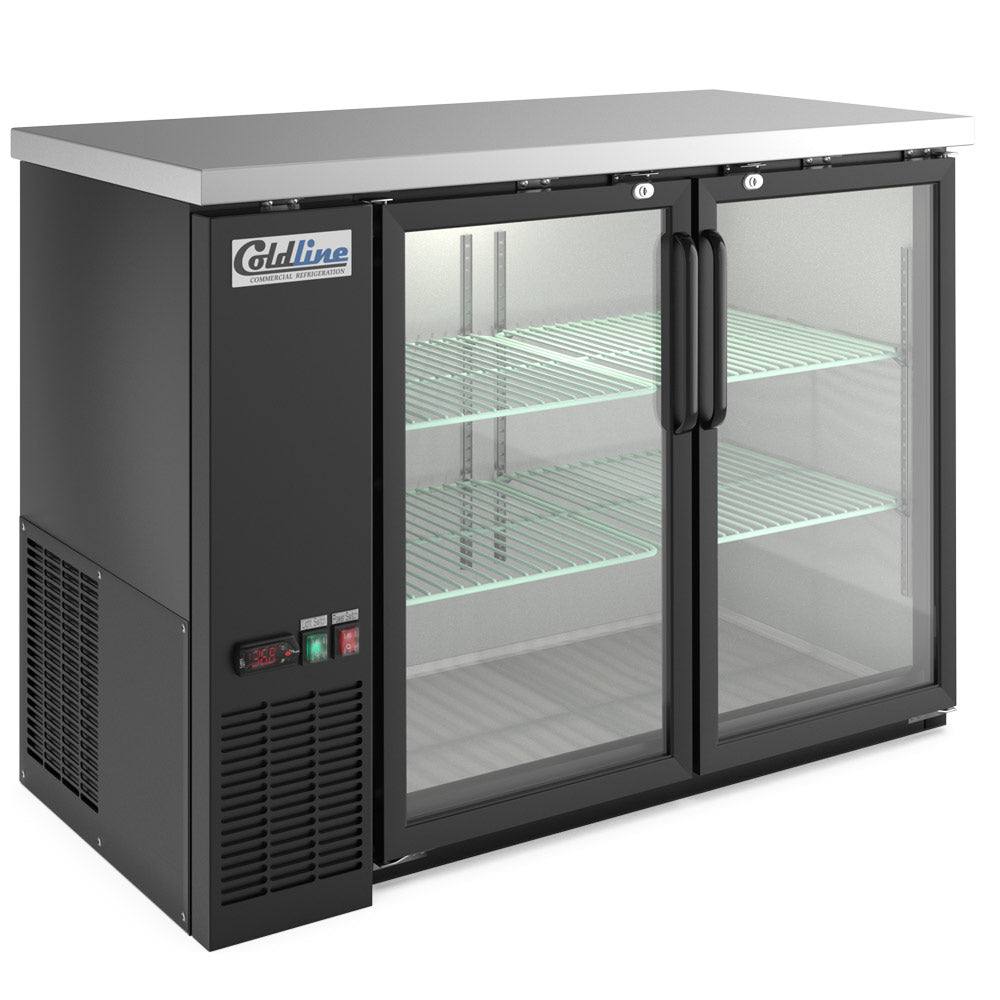 Coldline CBB-48G black swing glass door back bar cooler, angled front view