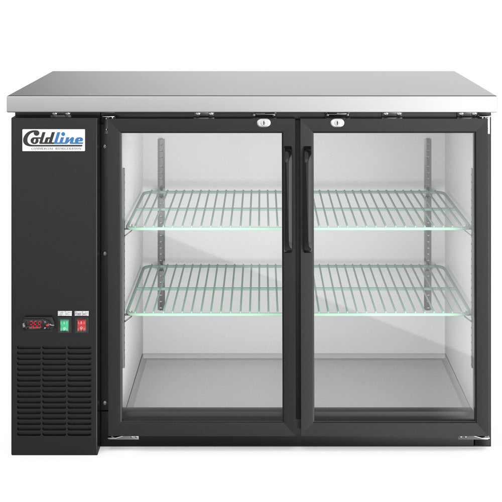 Coldline CBB-48G black swing glass door back bar cooler, front view