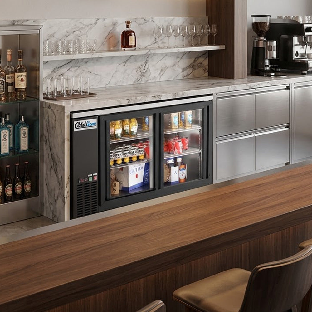 Coldline CBB-48G-SL black sliding glass door back bar cooler, behind a bar (representative image)