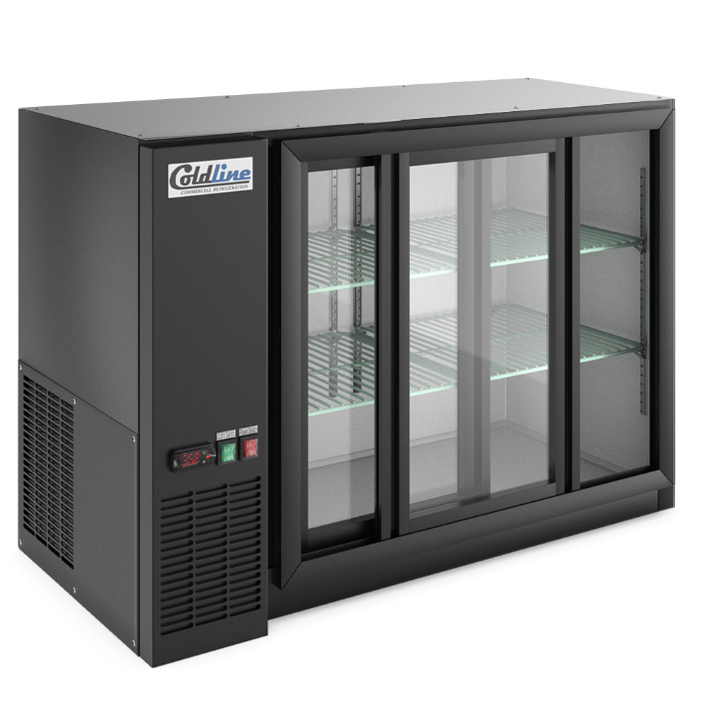 Coldline CBB-48G-SL-T black sliding glass door back bar cooler, angled front view, one door slid open