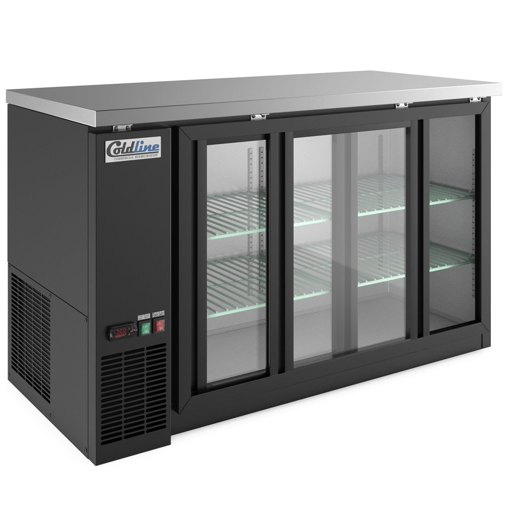 Coldline CBB-60G-SL black sliding glass door back bar cooler, angled front view, one door slid open