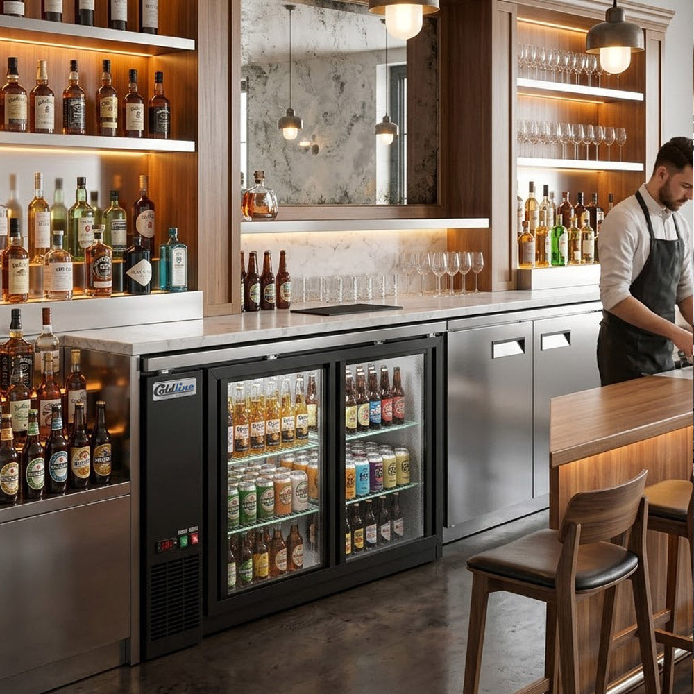 Coldline CBB-60G-SL black sliding glass door back bar cooler, behind a bar (representative image)