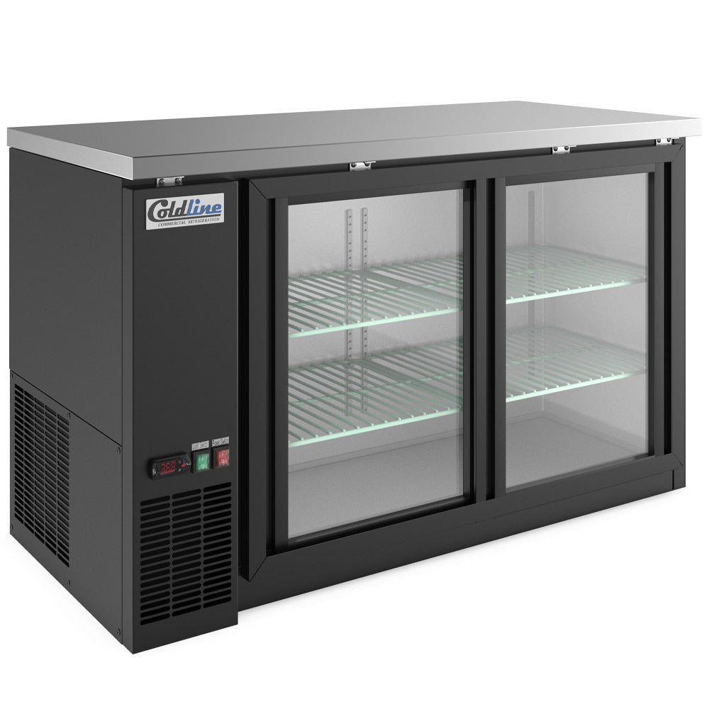 Coldline CBB-60G-SL black sliding glass door back bar cooler, angled front view