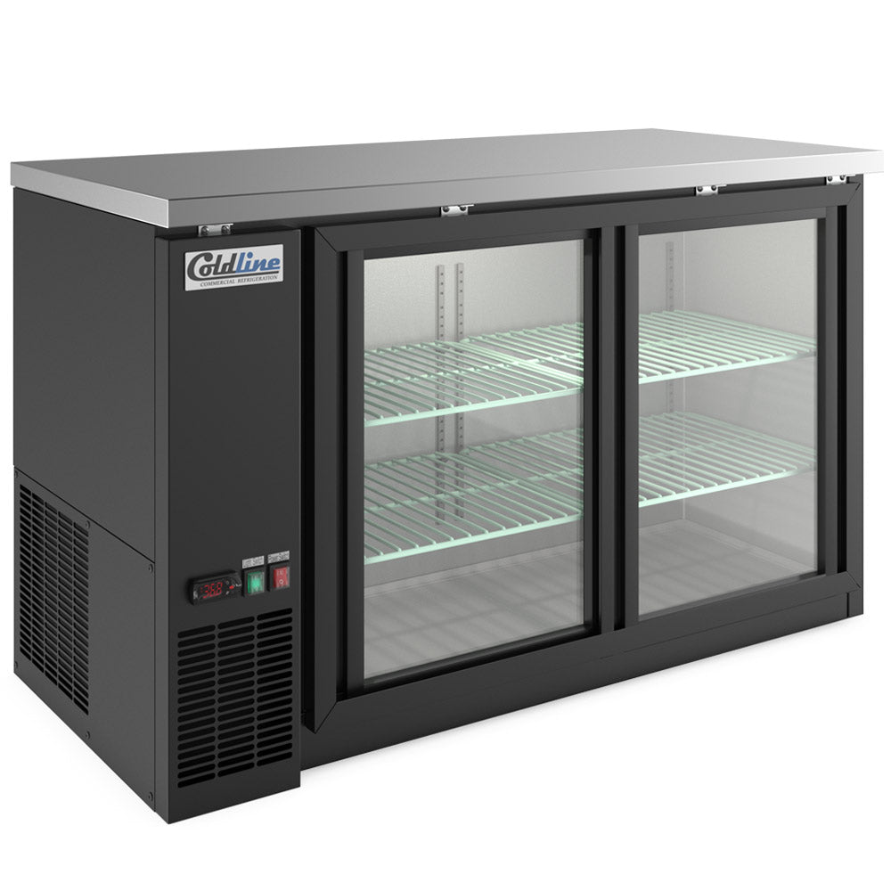Coldline CBB-60G-SL black sliding glass door back bar cooler, angled front view