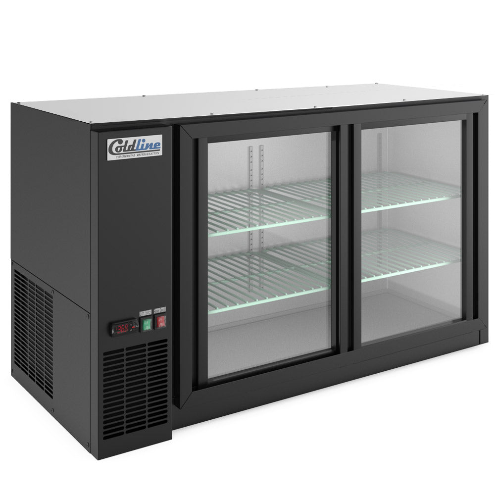 Coldline CBB-60G-SL-T black sliding glass door back bar cooler, angled front view