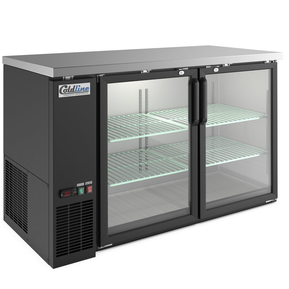 Coldline CBB-60G black swing glass door back bar cooler, angled front view