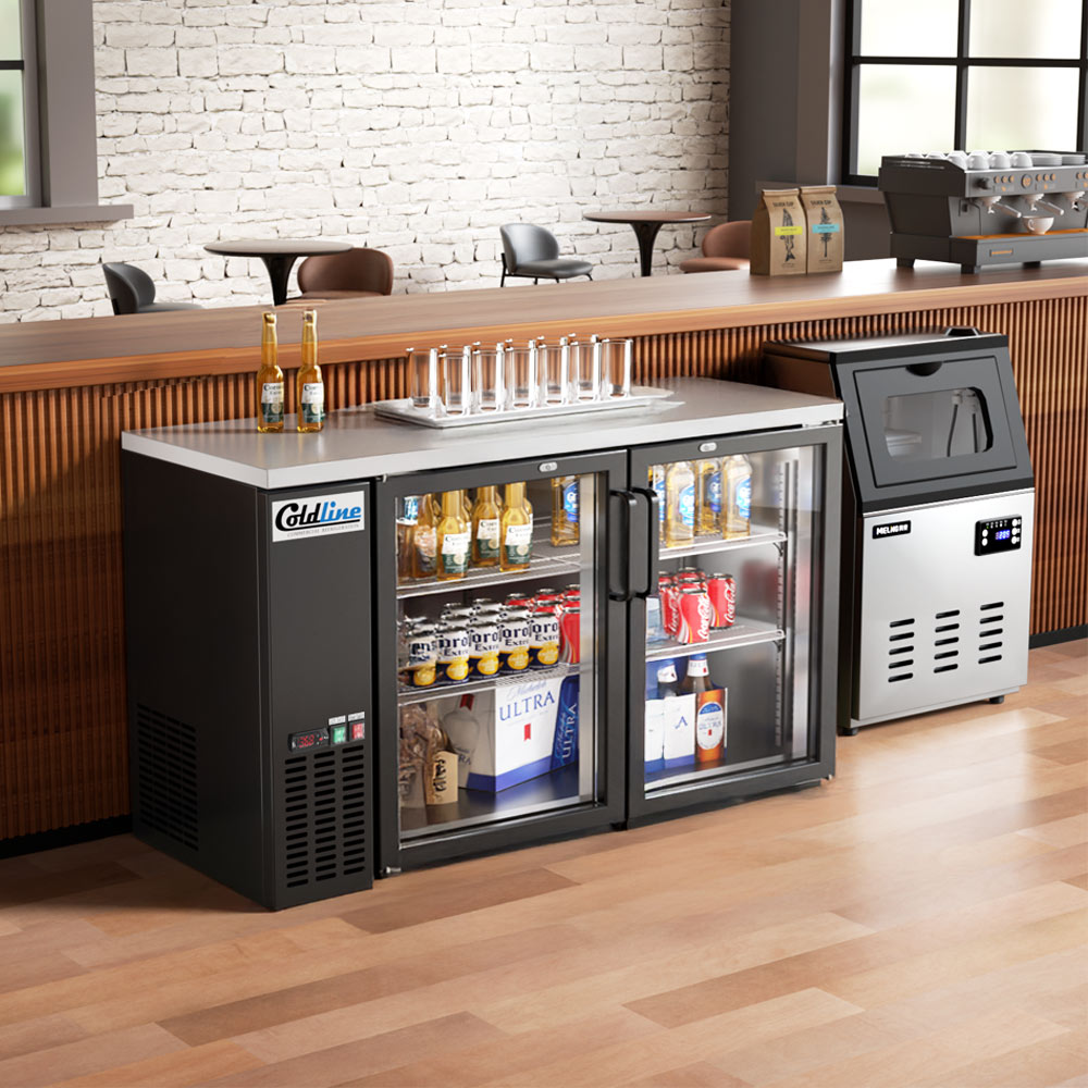 Coldline CBB-60G black swing glass door back bar cooler, under a bar counter (representative image)