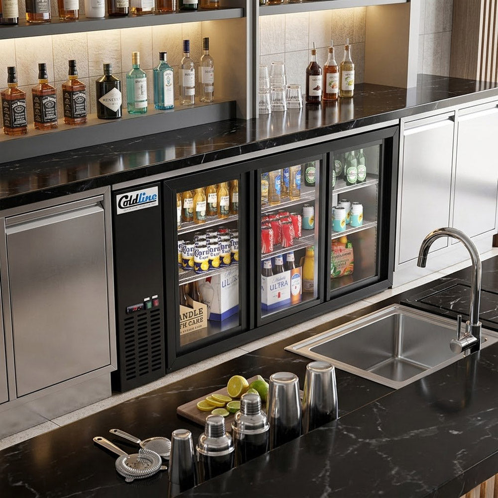 Coldline CBB-72G-SL black sliding glass door back bar cooler, behind a bar (representative image)
