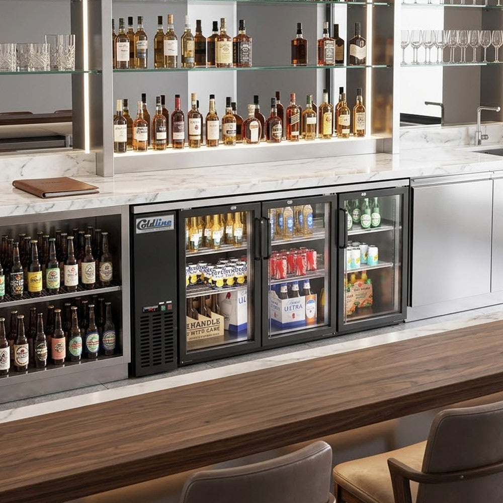 Coldline CBB-72G black swing glass door back bar cooler, behind a bar (representative image)