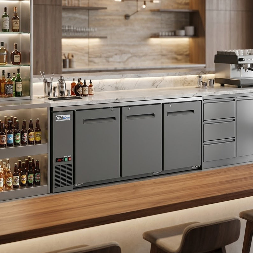 Coldline CBB-72 72" Swing Solid Door Back Bar Cooler, Black