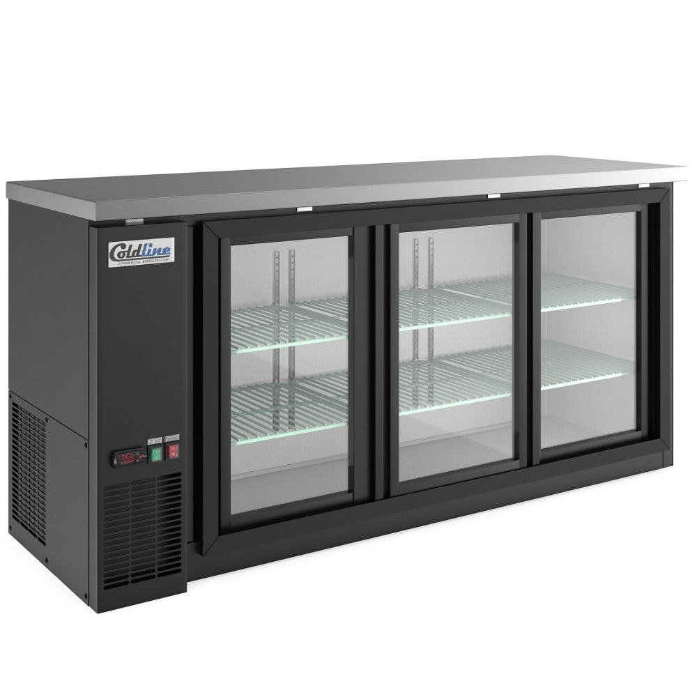 Coldline CBB-72G-SL black sliding glass door back bar cooler, angled front view
