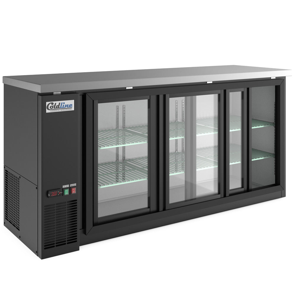 Coldline CBB-72G-SL black sliding glass door back bar cooler, angled front view, one door slid open