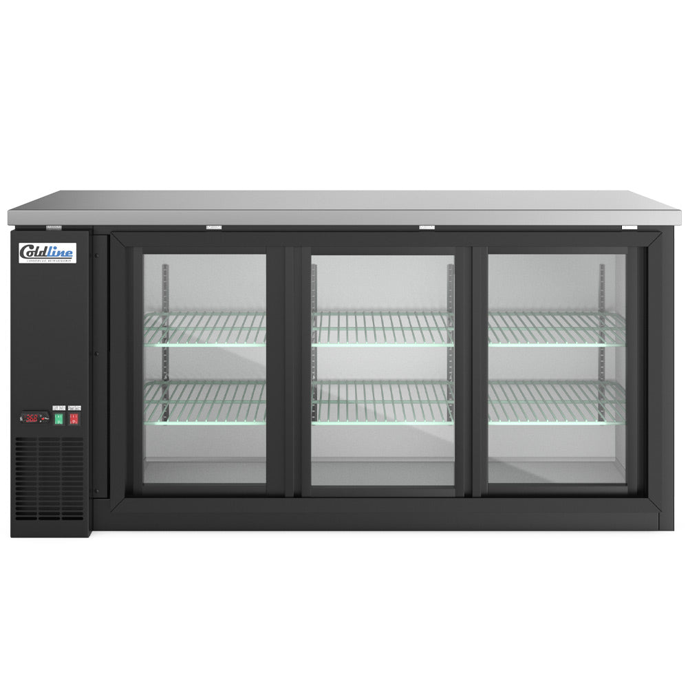 Coldline CBB-72G-SL black sliding glass door back bar cooler, front view