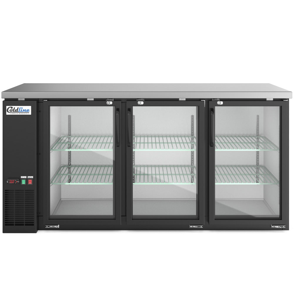 Coldline CBB-72G black swing glass door back bar cooler, front view