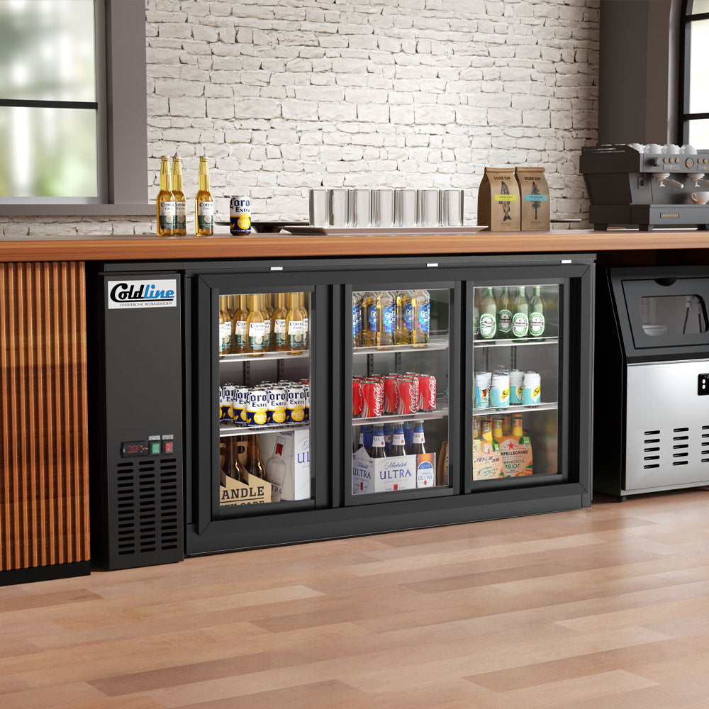 Coldline CBB-72G-SL-T black sliding glass door back bar cooler, under a bar counter (representative image)