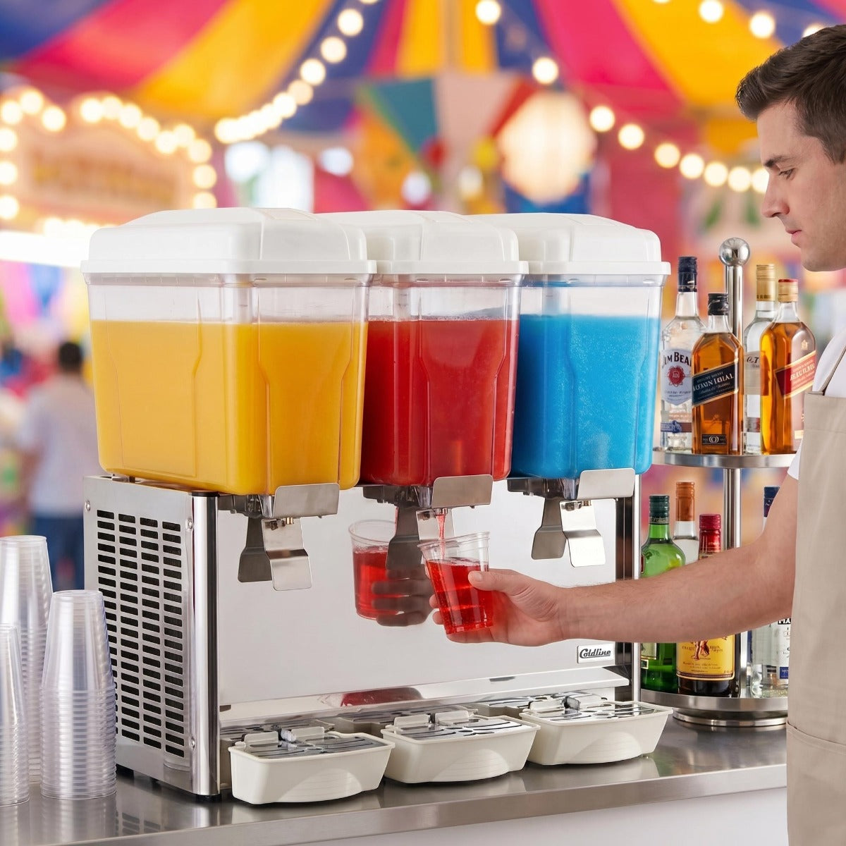 Coldline CBD-3 triple bowl refrigerated beverage dispenser, serving a drink at a party