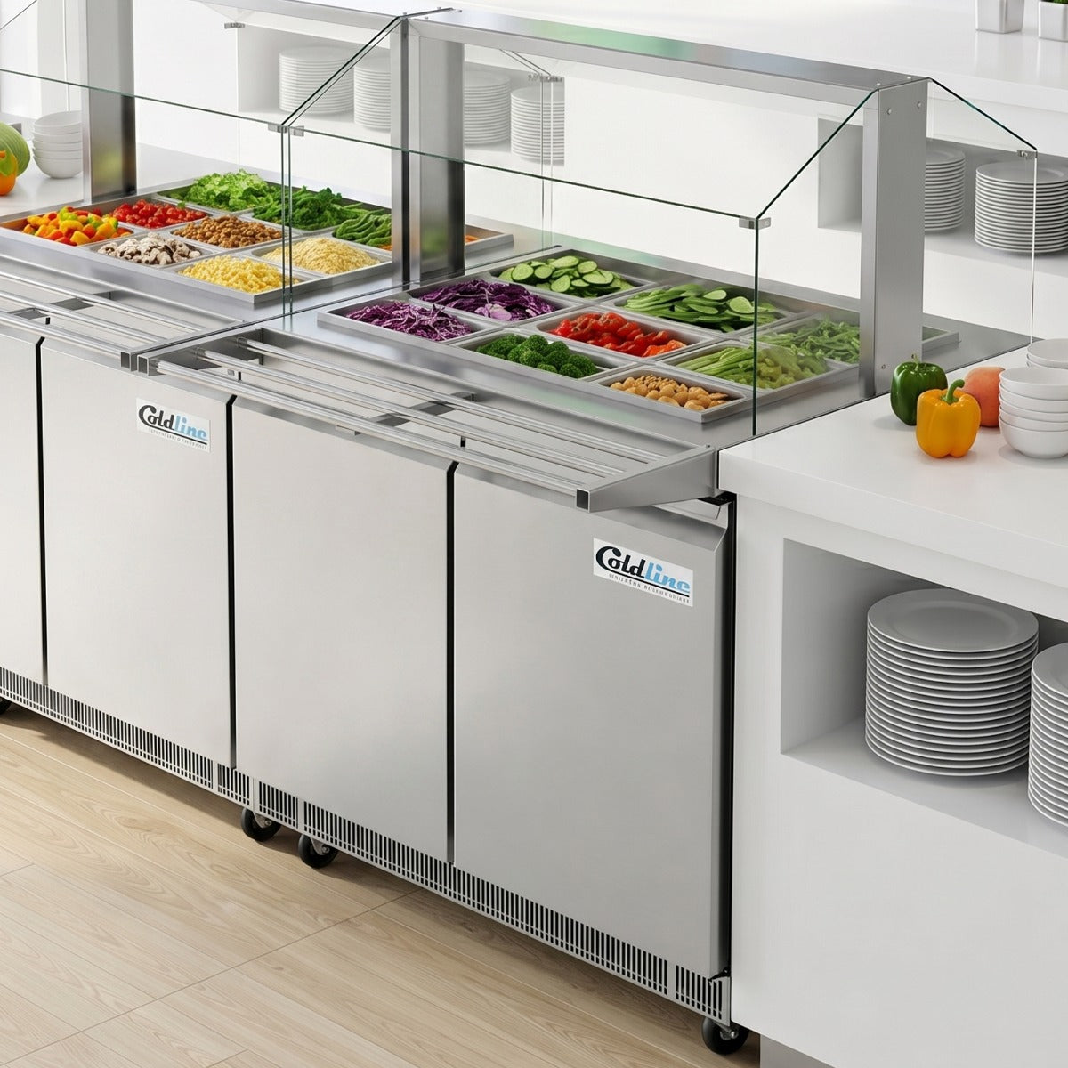 Coldline CBT-48-CSG refrigerated salad bar buffet table, in use with food pans (representative image)