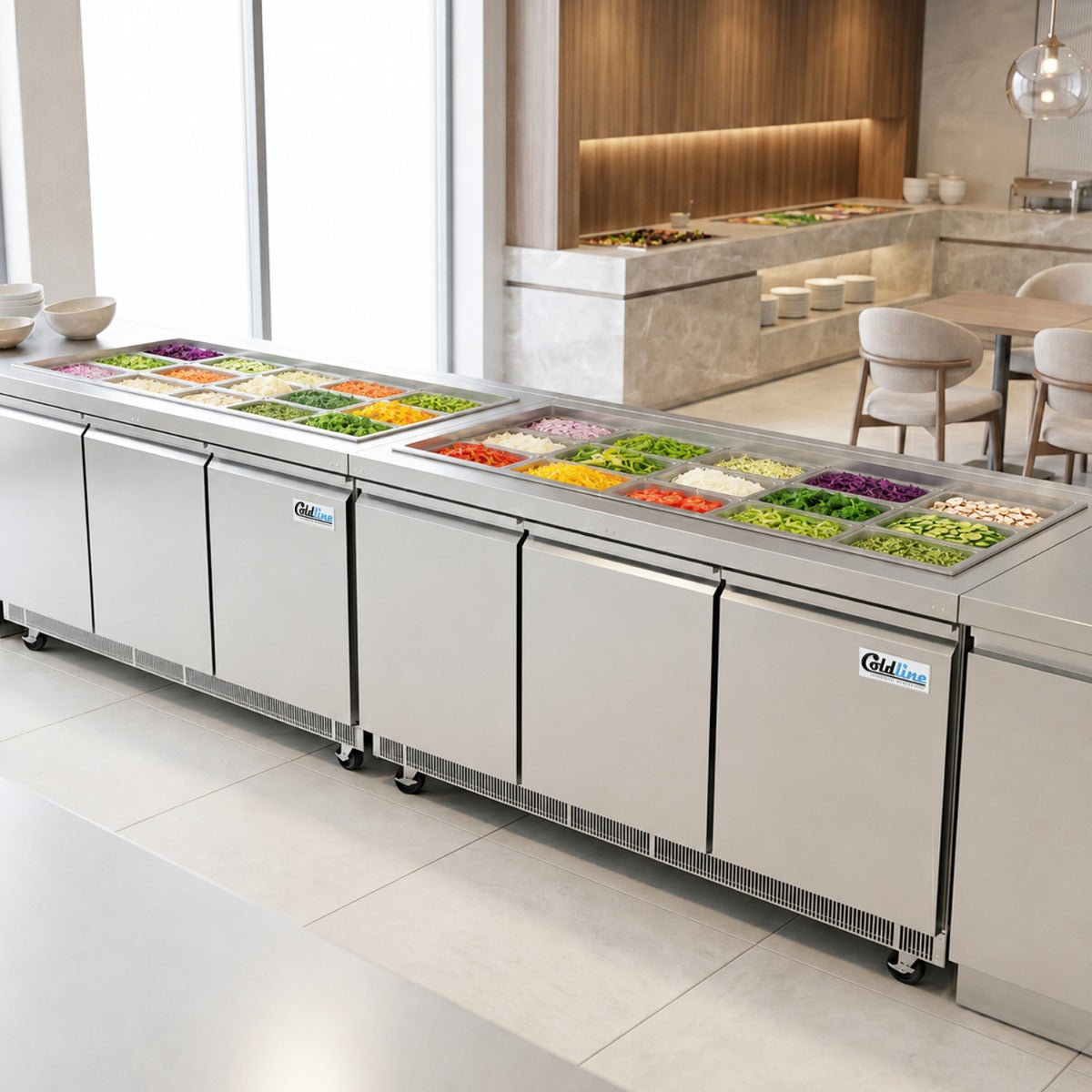 Coldline CBT-72 refrigerated salad bar buffet table, in use with food pans (representative image)
