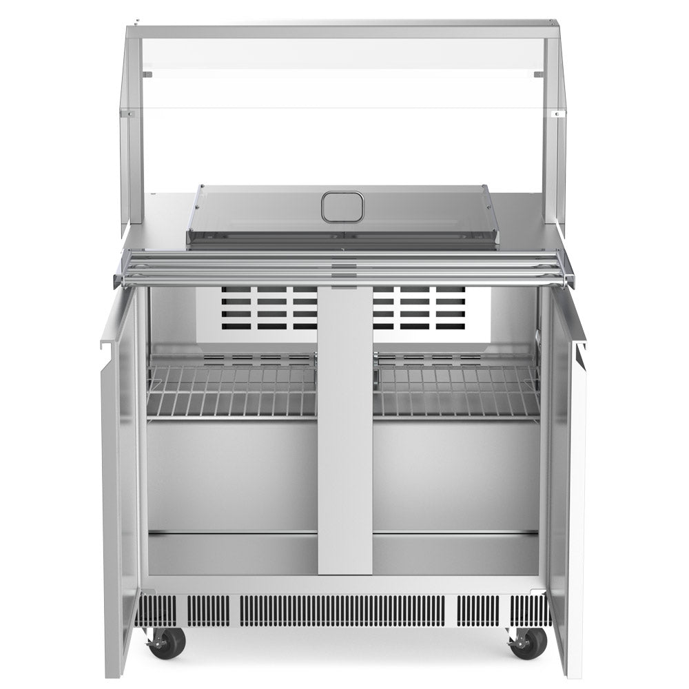 Coldline CBT-36-CSG refrigerated salad bar buffet table, doors open showing the shelves