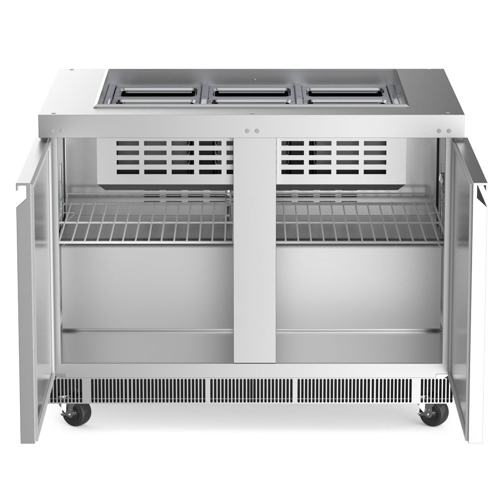 Coldline CBT-48 refrigerated salad bar buffet table, doors open showing the shelves