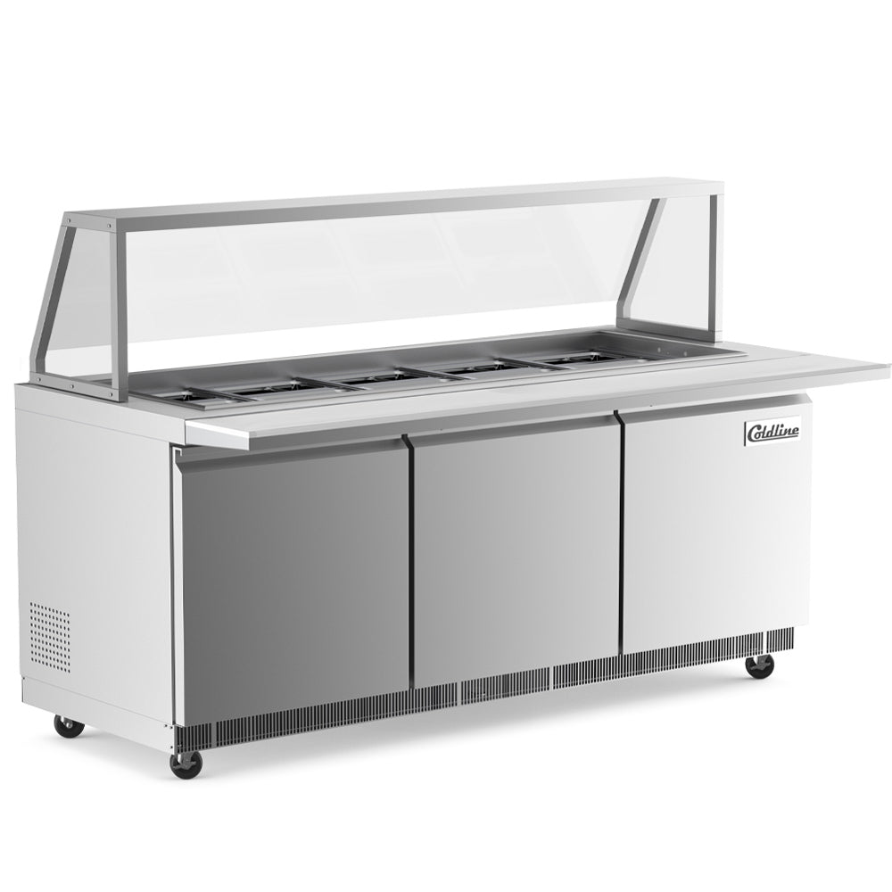 Coldline CBT72-SG 72" Refrigerated Employee Service Salad Bar with Cutting Board and Angled Sneeze Guard