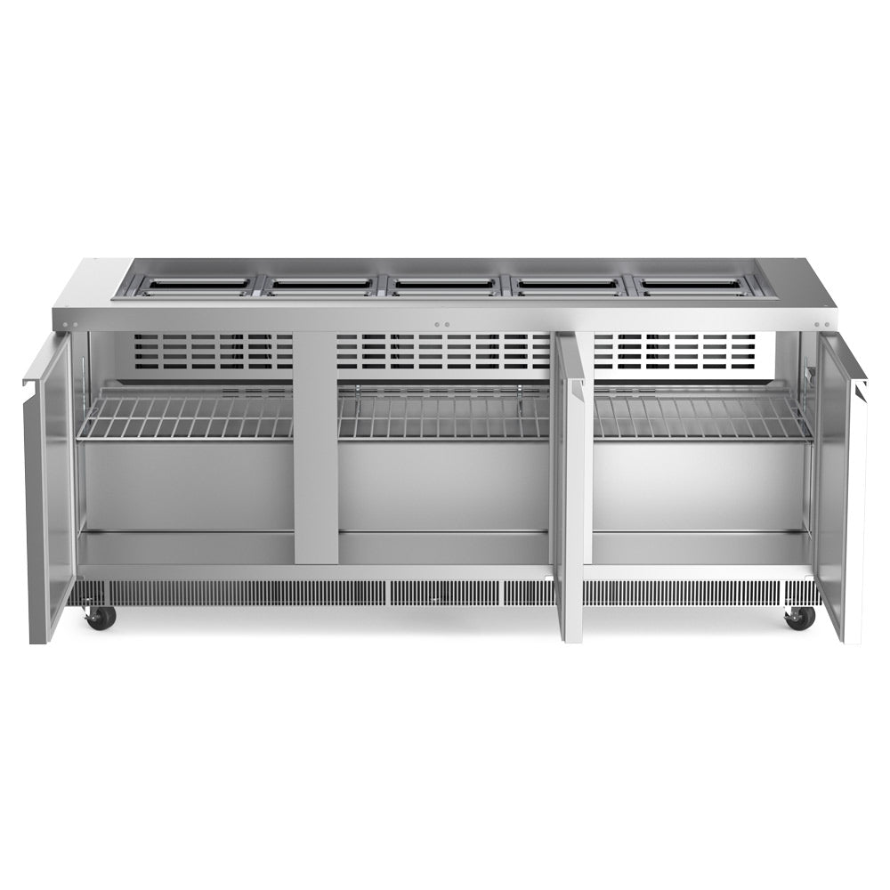 Coldline CBT-72 refrigerated salad bar buffet table, doors open showing the shelves