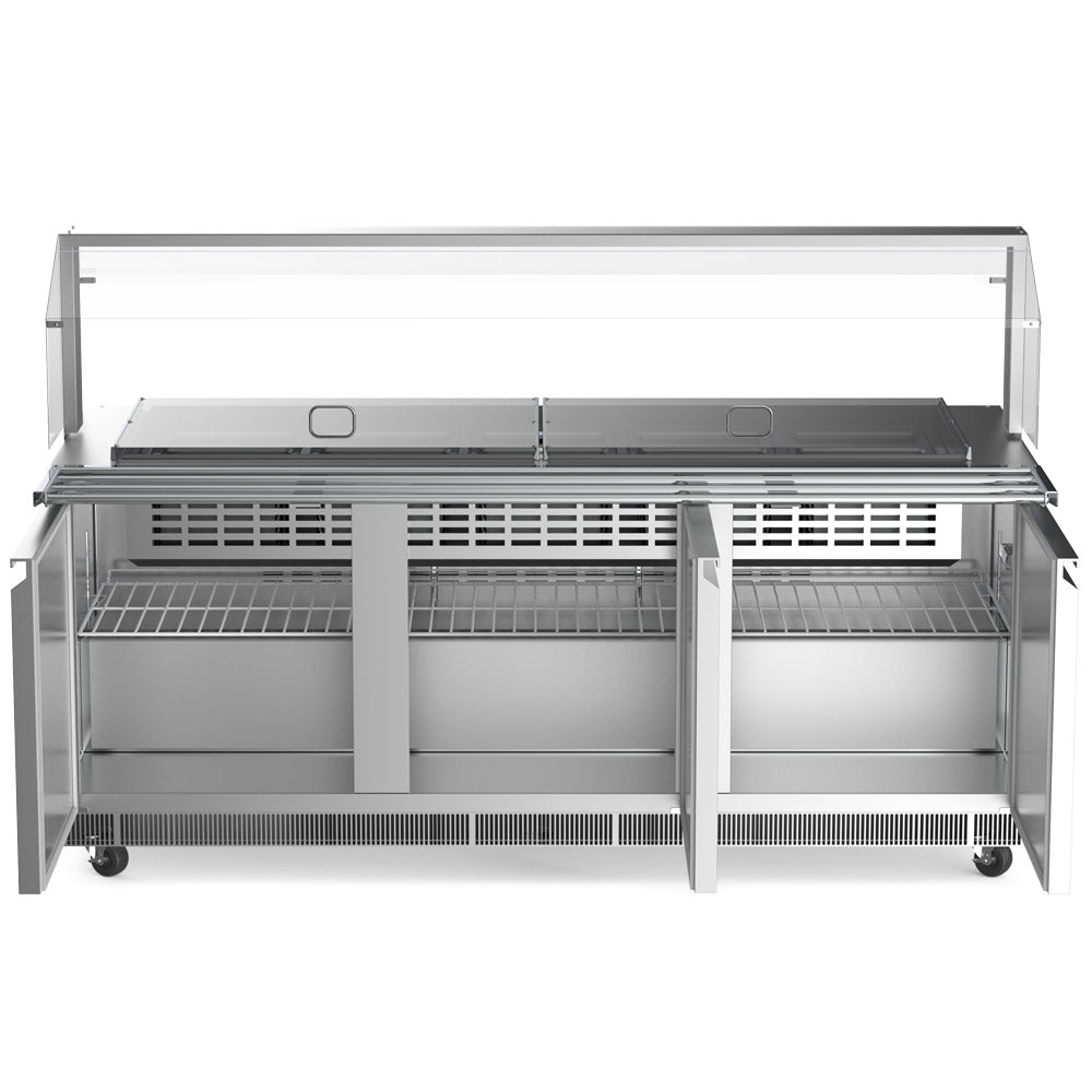 Coldline CBT-72-CSG refrigerated salad bar buffet table, doors open showing the shelves