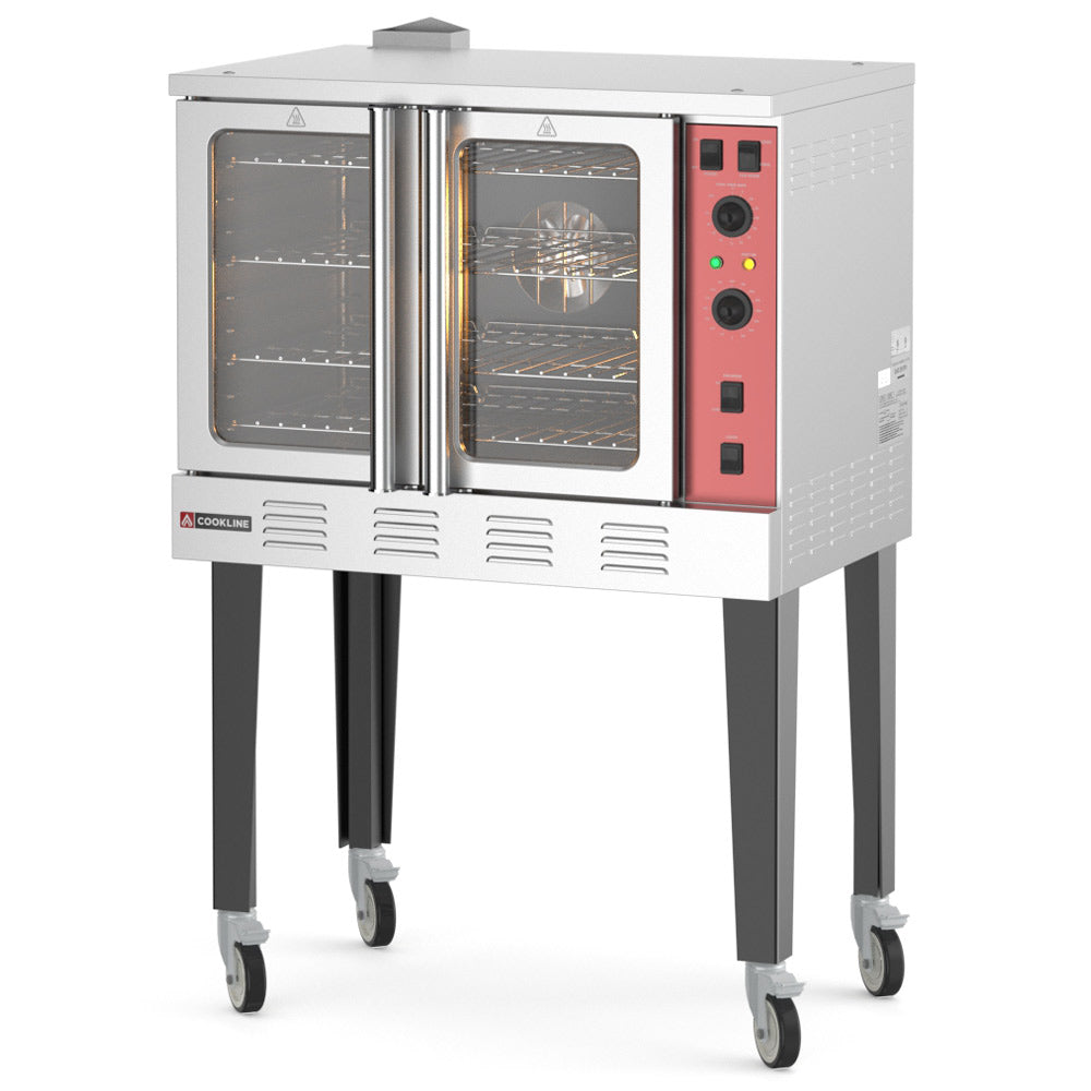 Cookline CC100-SGL single deck full size gas convection oven, front angle view on legs with casters