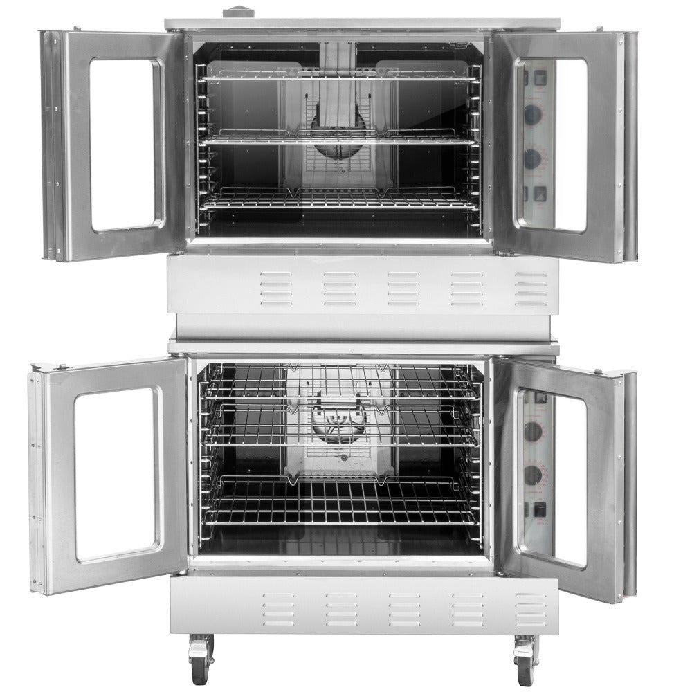 Cookline CC80-LP-DBL deep depth double deck gas convection oven, front view, all four doors open with racks inside